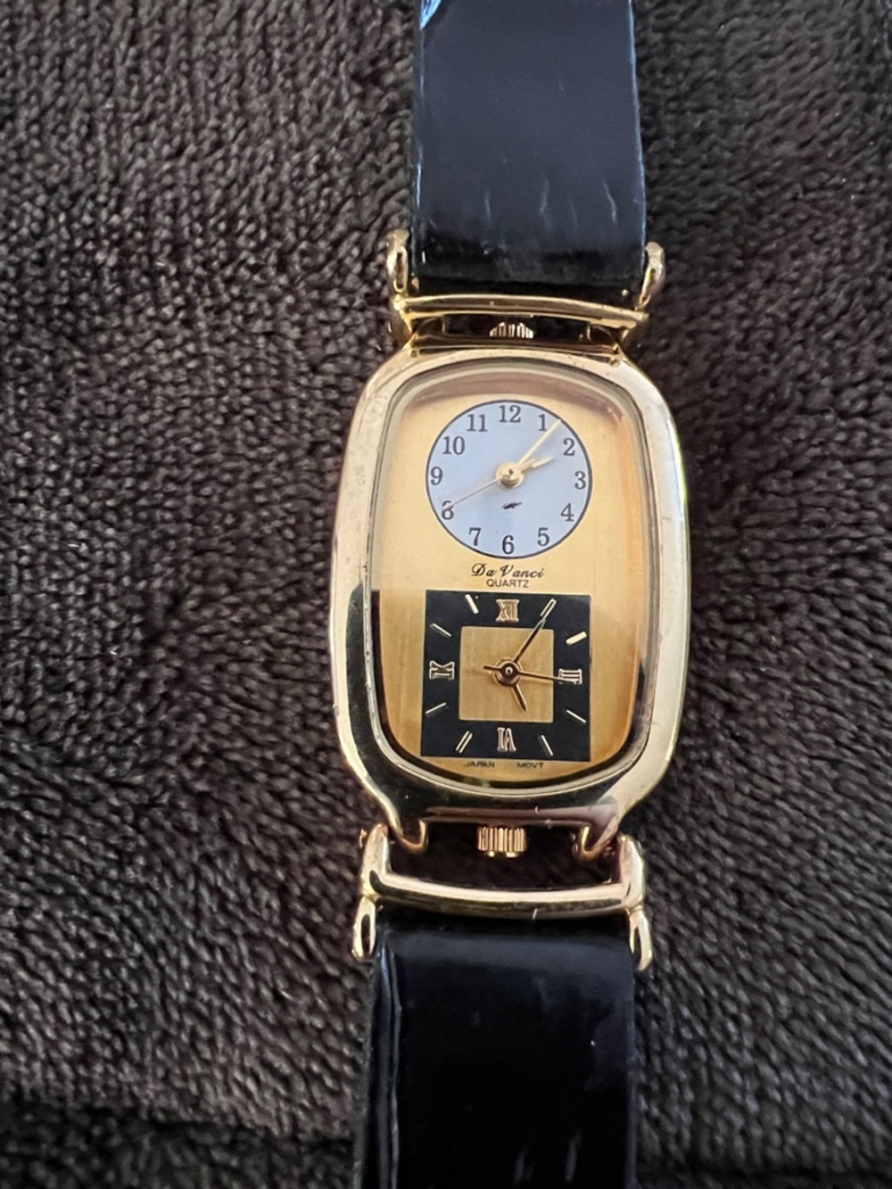 Da Vanci Dual Dial Gold Tone Quartz Watch with Black Leather Strap